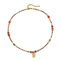 Collier Perlé Fait Main Tendance en Pierre Œil de Tigre, Pierre Tachetée et Agate Rouge avec Pendentif Soleil