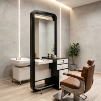 Ensemble de mobilier de salon de luxe : Poste de coiffure avec miroir LED et tiroirs, unité de coiffage spéciale pour salon de barbier