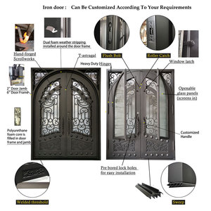 Porte en acier forgé européen rétro à double entrée avec vitrage pour cour de villa, taille personnalisée - Product Image 4
