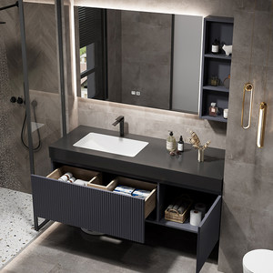 Smart Lighting Stone Slab Ceramic Seamless Integration One-Piece Basin Solid Wood Bathroom Cabinet - Product Image 4