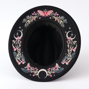 Nouvelle Arrivée 2026 Chapeau Fedora Noir Tendance avec Broderie Florale Papillon Rose et Lune Croissante - Product Image 3