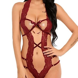 Lencería <span class=keywords><strong>sexy</strong></span> y atrevida: Body de encaje con cuello halter y aberturas, con almohadillas de control ligero en el pecho, lavable a máquina (Multicolor Negro/Rojo) - Product Image 2