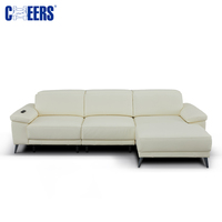 MANWAHCHEERS Multifunktionales Ausziehbares Wohnzimmer-Sofa aus Echtleder in Cremefarbe, Elektrisch Verstellbares Schlafsofa mit Chaiselongue