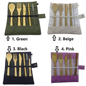 Ensemble de couverts en bambou écologiques, personnalisés, en gros, naturels, réutilisables, organiques, cuillère, fourchette, couteau, pour les voyages, le camping, dans un sac de transport - Product Image 3
