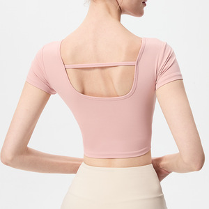 Top de Yoga con Copas Fijas para Mujer, Manga Corta, Cuello Redondo, Espalda Recortada, Sensación de Algodón Suave como una Nube, Ropa Cómoda para Entrenamiento - Product Image 2