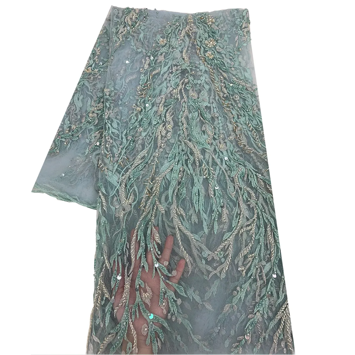 Chất Lượng Tuyệt Vời Cyan Màu Handmade Pha Lê Hoa Vải Tuyn Với Sequins 3D Thêu Đính Cườm Tùy Chỉnh Vải Dệt May Lưới Ren