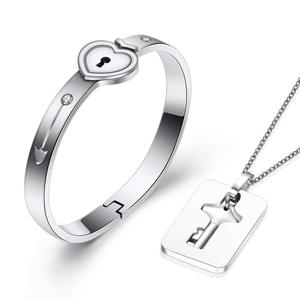 Couple <b>Love</b> Lock Stainless Steel <b>Bracelet</b> And Necklace Set With Key Pendant Unisex Gift Jewelry - Product Image 4