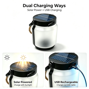 فانوس شمسي LED بتأثير اللهب المتذبذب قابل لإعادة الشحن عبر USB، مقاوم للماء IP65، وضعان للإضاءة، مصباح تخييم معلق مع مقبض من حبل القنب للحديقة والفناء - Product Image 3