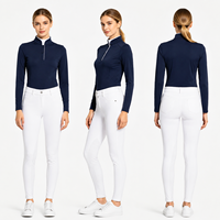 Damen-Reitpoloshirt in Marineblau mit Stehkragen, Knopfleiste, Weißer Paspelierung, Atmungsaktivem Mesh, für Reitwettbewerbe, OEM-Anpassung