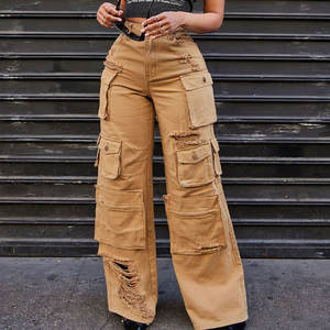 شعار مخصص تصنيع المعدات الأصلية جيب ارتفاع الخصر الشارع الشهير فضفاض الدنيم السيدات المظلة طويلة بنطلون البضائع للنساء الجينز السراويل - Product Image 2