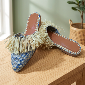 Mules en raphia faites à la main, à franges, bout pointu, semelle intérieure en cuir véritable respirante, motif rayé bleu et blanc, pour l'été - Product Image 3