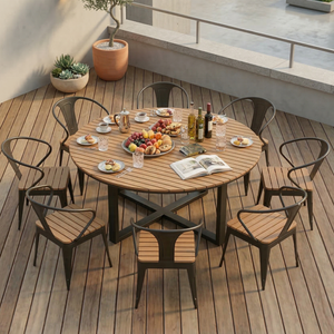 Set <span class=keywords><strong>da</strong></span> Pranzo <span class=keywords><strong>da</strong></span> Esterno Moderno in 9 Pezzi, Tavolo e 8 Sedie in Alluminio, Plastica e Legno Impermeabile per Hotel e Patio - Product Image 2