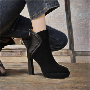 Botines de tacón fino con punta en pico de cuero de ante negro para mujer, con plataforma, cremallera lateral y costuras, a la moda, para uso diario y fiestas. - Product Image 2