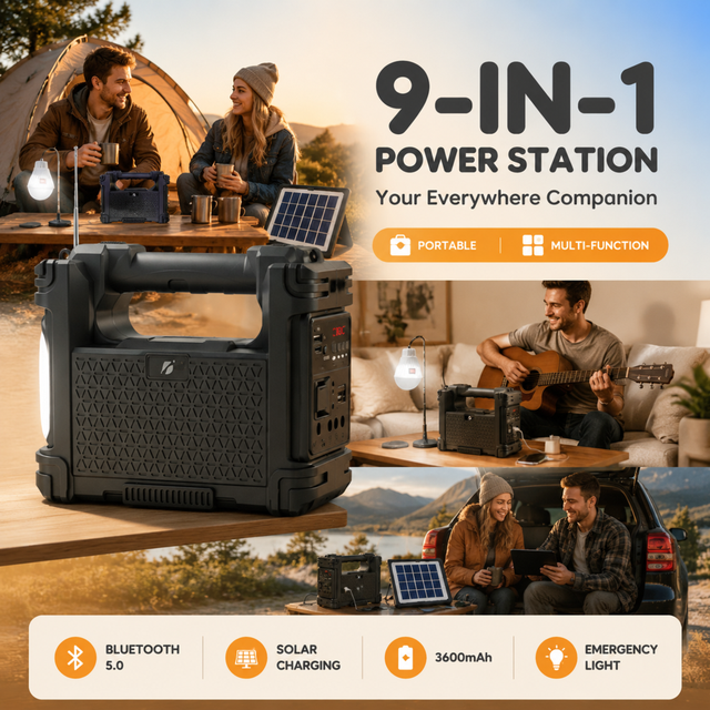 Portable Wireless BT5.0 Speaker Solar Charging TF FM USB Drive 5V Power Bank Flashlight Emergency Light 2.5 Inch 5W Radio