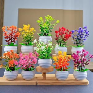 カラフルなミニ人工植物、緑の花の鉢植え、小さな造花盆栽、鉢付き人工植物 - Product Image 1