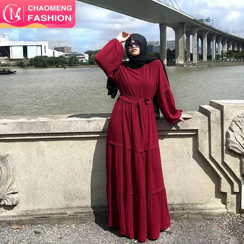 6420 # Bubble Chiffon Einfachheit Einfarbige elastische Ärmel Spleißen Mode Langes Kleid Muslim Türkei Islamische Kleidung