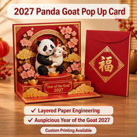 Tarjeta de Felicitación con Logotipo Personalizado, Diseño 3D Pop-up de Panda y Cabra para el Año Nuevo Chino 2027, en Rojo y Dorado, Elegante y Multicapa