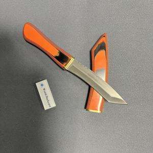 Funda de mango de madera de color naranja y negro, 67 capas, hoja de acero de Damasco arqueada, hebilla de cinturón de PU, cuchillo de hoja fija de caza, funda de EVA - Product Image 4