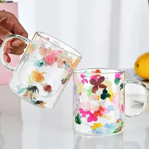 Cangkir Mug kaca dinding ganda 350ml desain kreatif dengan isian bunga kering