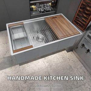 Évier de cuisine rectangulaire à montage sur plan, design moderne fait main, en acier inoxydable (SUS 304/201), un seul robinet, garantie 3 ans - Product Image 2