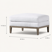 Pouf en tissu de lin blanc, style moderne minimaliste, repose-pieds avec base en bois et pieds coniques pour salon, siège supplémentaire