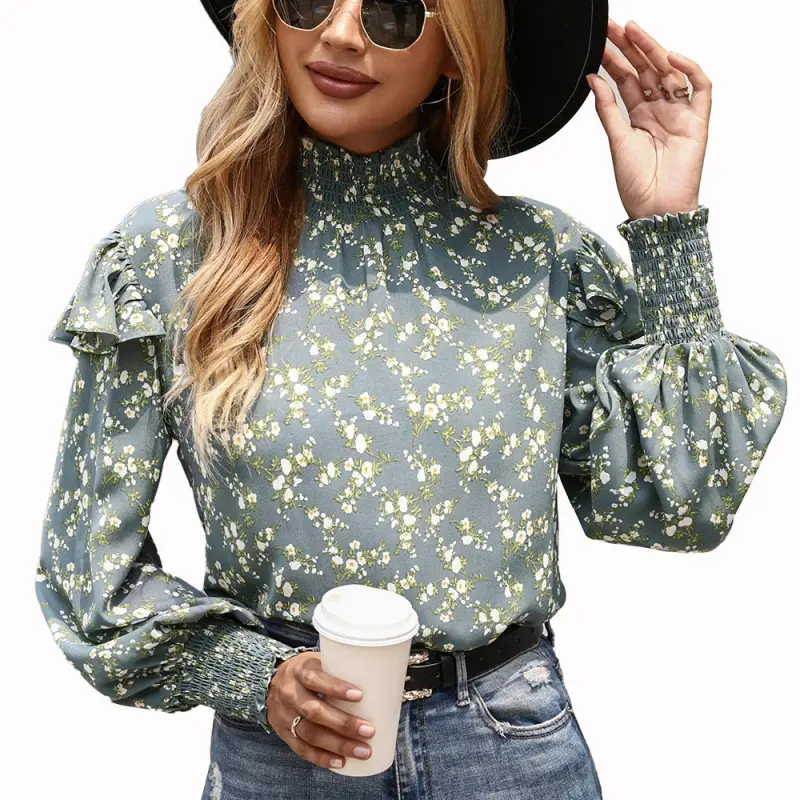 Green Loose Floral Stand Collar Long Sleeve Blouse Print Pullover Women Shirt