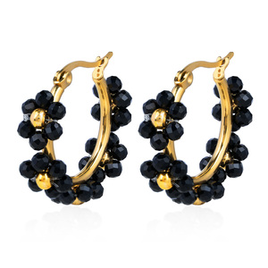 TAYLORFASO 22k Gold Plated Hoop <b>Earrings</b> With Black Crystal Beads Women's Classic Everyday Wear Jewelry - Product Image 2