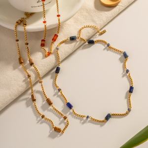 Collier long en acier inoxydable pour femme, classique, avec chaîne en or massif multicouche, pierre naturelle, fabrication soignée, ne ternit pas - Product Image 3