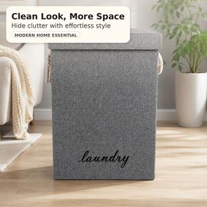 Panier à linge en tissu de lin en gros, grande capacité, pliable, avec poignées en corde de coton - Product Image 6