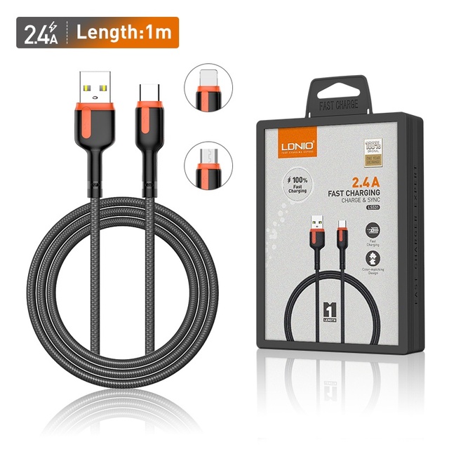 LDNIO LS531  PP Yarn Braided USB Data Cable Mobile Phone Micro Type C Plug Quick Charge 1m Fast Charging Data Cables