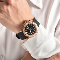 Montre de plongée automatique personnalisée en or rose pour homme, 42 mm, bracelet en cuir noir, aiguilles lumineuses, étanche 50 m, montre mécanique