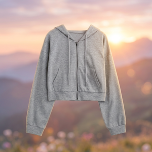 Women's Gray Cropped Hooded Zip-<b>Up</b> Fleece Sweatshirt Full Sleeve Solid Color Knitted Quick Dry Casual Top Winter Style - Product Image 1