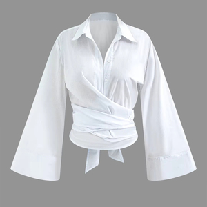 Casual Chic Femmes Cropped Blouses Manches Longues À Lacets À Volants Popeline Tops <span class=keywords><strong>Col</strong></span> V Solide Polyester Tops - Product Image 1