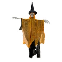 Décoration suspendue pour fête d'Halloween, sorcière gothique squelette, décoration suspendue, 90 cm, tissu + plastique, détails pailletés, orange noir, déchiré