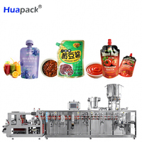 Machine d'emballage horizontale Doypack pour sachets à double bec verseur HFFS, pour ketchup, mayonnaise et sauces, avec remplissage de sachets en rouleau.