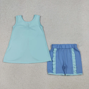 Conjunto de ropa para niñas pequeñas, color rosa, sin mangas, con lazos azules, pantalones cortos con volantes - Product Image 6