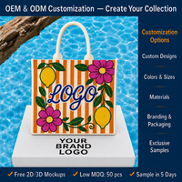 Tas Tote Berhias Manik-Manik Motif Lemon Mediterania, Tas Pantai Kanvas Bergaris Musim Panas, Tas Tangan Manik-Manik Custom, Dompet Manik-Manik OEM