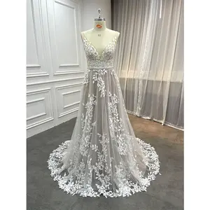 Penjualan Terbaik sabuk manik-manik Applique renda daun gaun pengantin elegan wanita Sparkly kapel kereta gaun pernikahan nyata Robe De Mariage