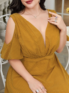 <span class=keywords><strong>Vestido</strong></span> de Noche Elegante de Gasa para Mujer Tallas Grandes, con Cuello en V, <span class=keywords><strong>Manga</strong></span> Media Farol, Hombros Descubiertos, Cinturón en la Cintura y Cremallera Trasera - Product Image 5