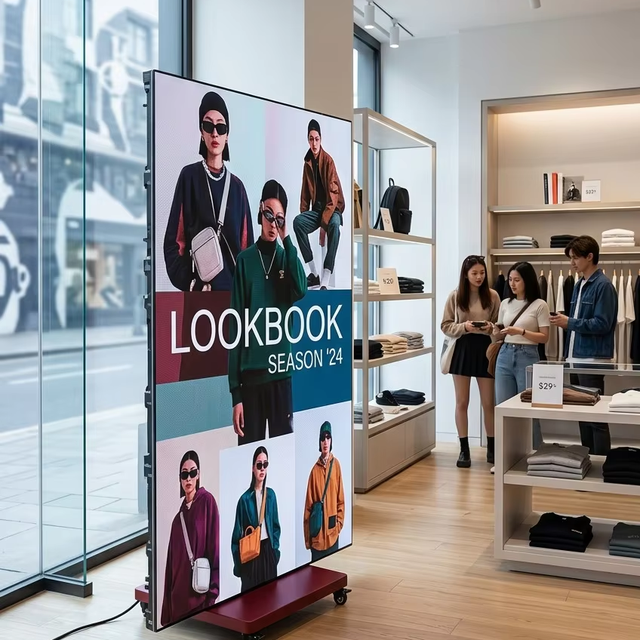 Indoor P1.5/P1.8/P2.5 GOB 1248x832mm Tri-Fold Splicable Full Color LED Poster Screen 500 Nit WiFi 4G Digital Standee Mall Retail