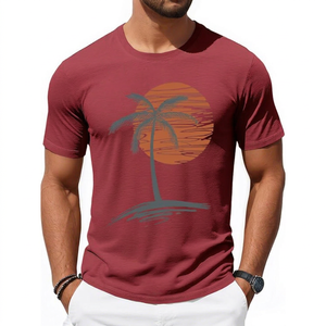 Camiseta Roja de Manga Corta para Hombre con Estampado de Palmeras al Atardecer, Cuello Redondo, Informal, de Algodón Transpirable, Corte Regular - Product Image 1