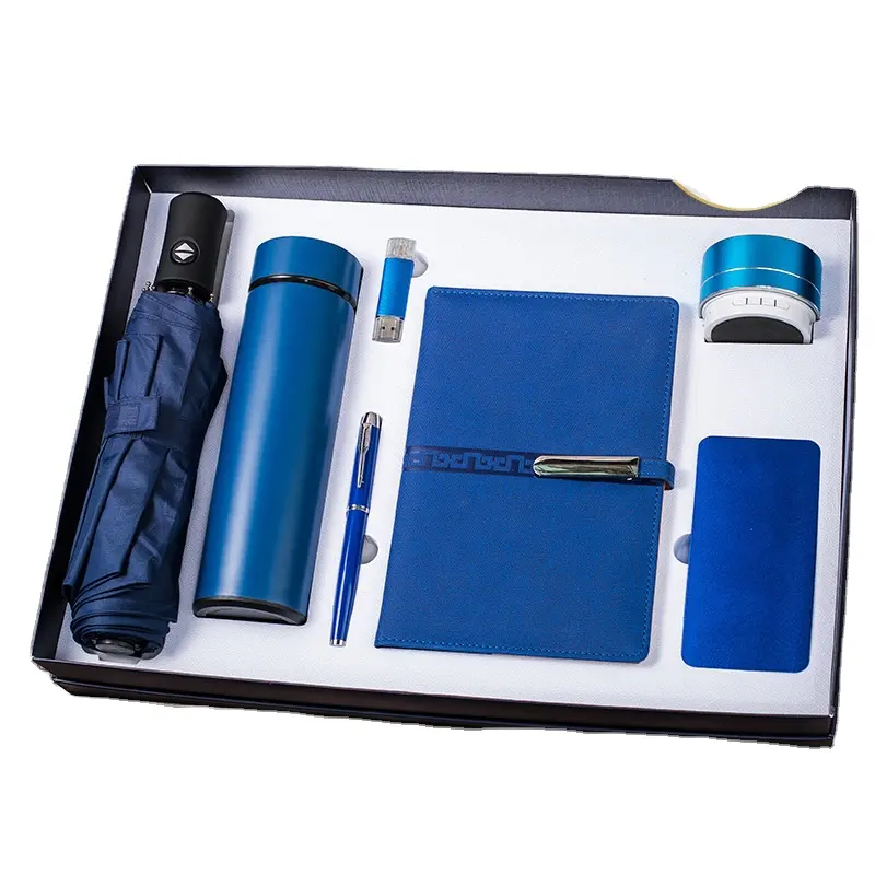 2023 Weihnachts geschenke USB-Flash-Disk Vakuum flasche Stift Notebook tragbare Stromquelle Lautsprecher 7 in 1 blau Geschenkset