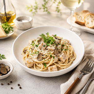 Pasta <span class=keywords><strong>Alfredo</strong></span> con Trufa Negra Lista para Comer, Fettuccine Italiana Cremosa, Comida Instantánea para Microondas, Sin Grasas Trans, HAACP - Product Image 1