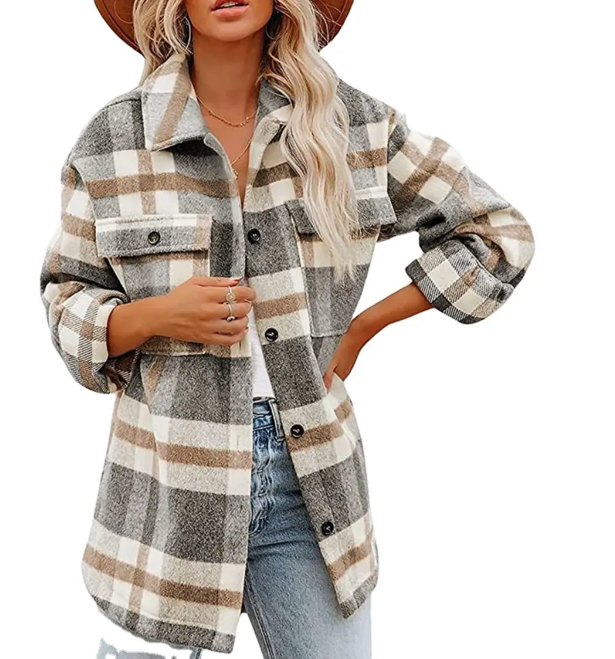 Women's Casual Plaid Button Down Long Sleeve Wool Blend Pocketed Shirt Jacket