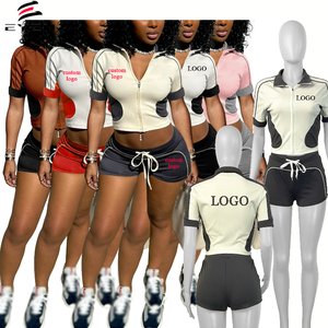 Nuovi <span class=keywords><strong>vestiti</strong></span> <span class=keywords><strong>estivi</strong></span> da donna giacca corta a maniche corte e pantaloncini 2 pezzi Set Casual da Joggers da strada Set due pezzi per abbigliamento da donna - Product Image 1