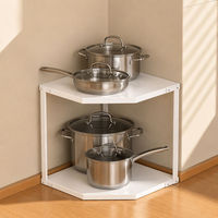 Étagère d'angle en forme d'éventail à 2 niveaux pour comptoir de cuisine, organisateur d'angle en métal blanc pour ustensiles de cuisine, support de rangement pour casseroles et poêles