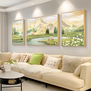 Quadro Decorativo per Soggiorno, Stile Crema, per Sfondo Divano, Dipinto a Spruzzo su Tela con Paesaggio - Product Image 3