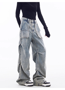 Pantaloni <span class=keywords><strong>Cargo</strong></span> in Denim Streetwear all'Ingrosso da <span class=keywords><strong>Donna</strong></span>, Pantaloni <span class=keywords><strong>Cargo</strong></span> a Gamba Larga con Patchwork, Jeans <span class=keywords><strong>Cargo</strong></span> <span class=keywords><strong>Larghi</strong></span> Unisex Stonewashed a Gamba Dritta - Product Image 4