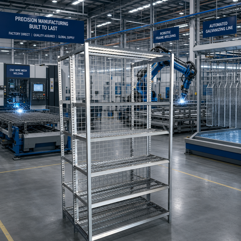 Industrial 4-Post Wire Decking Shelving Unit, Adjustable Metal ...