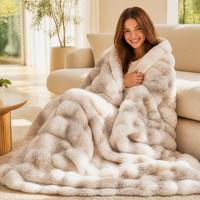 Jeté d'hiver chaud et luxueux en fausse fourrure de lapin 3D imprimée double face, 100 % polyester, écologique, jacquard épais